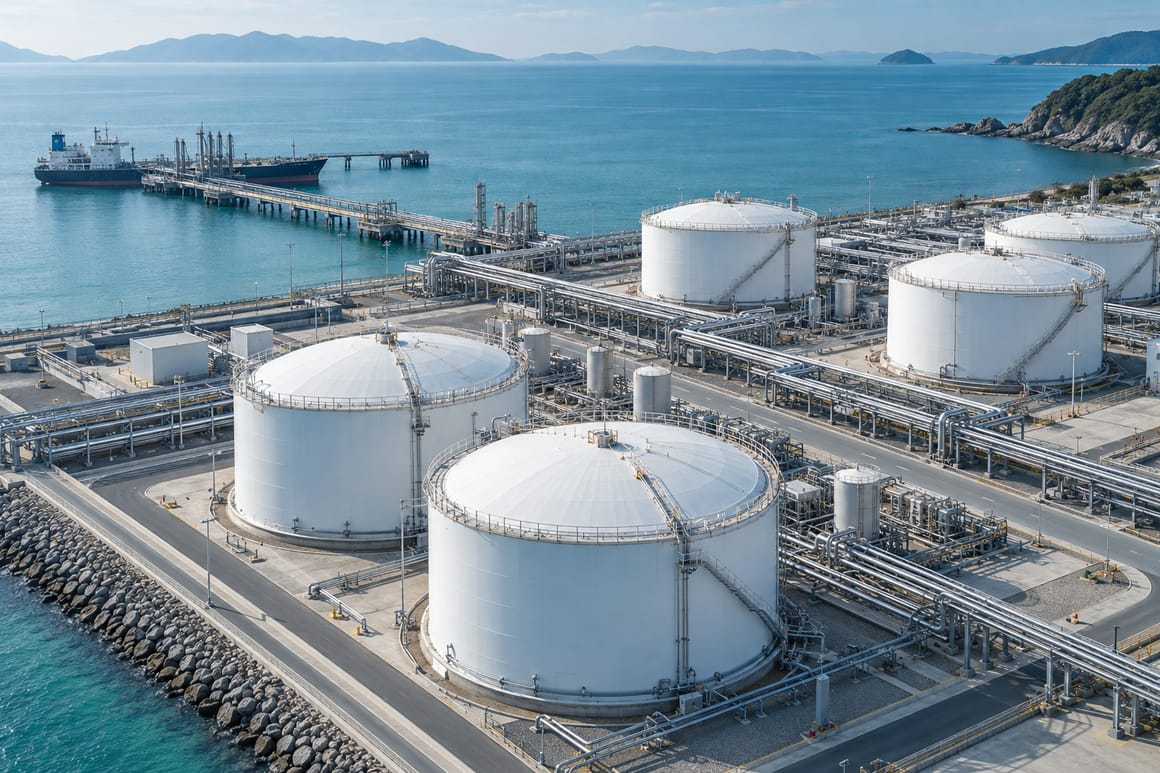 Illustrative aerial view of white petroleum storage tanks beside the sea